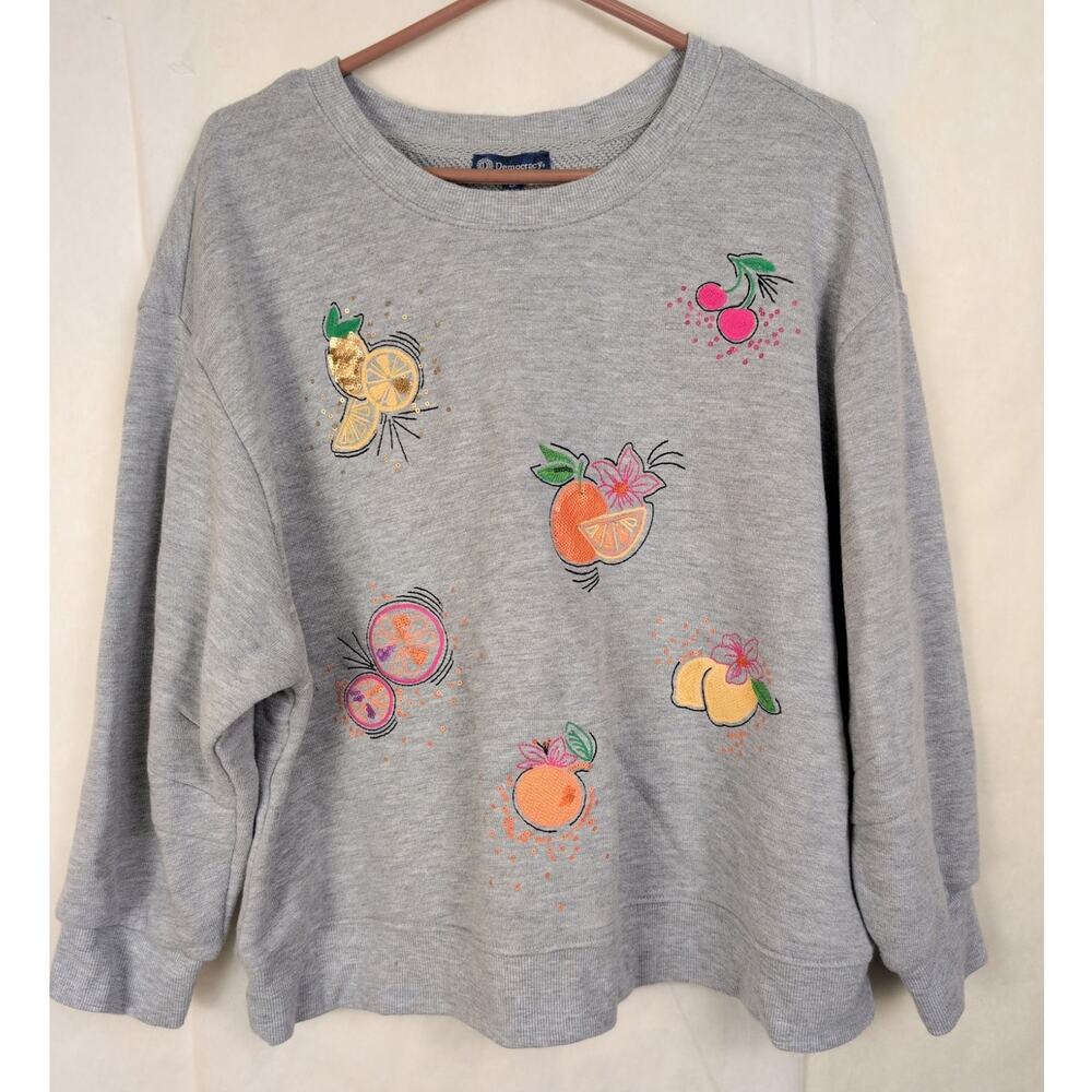 Democracy embroidered sequin fruit sweatshirt Size 1X Grey Novelty Tropical